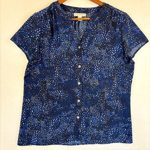 DANA BUCHMAN Blue Button Up Blouse Short Sleeve Lightweight Black Office‎ Polka